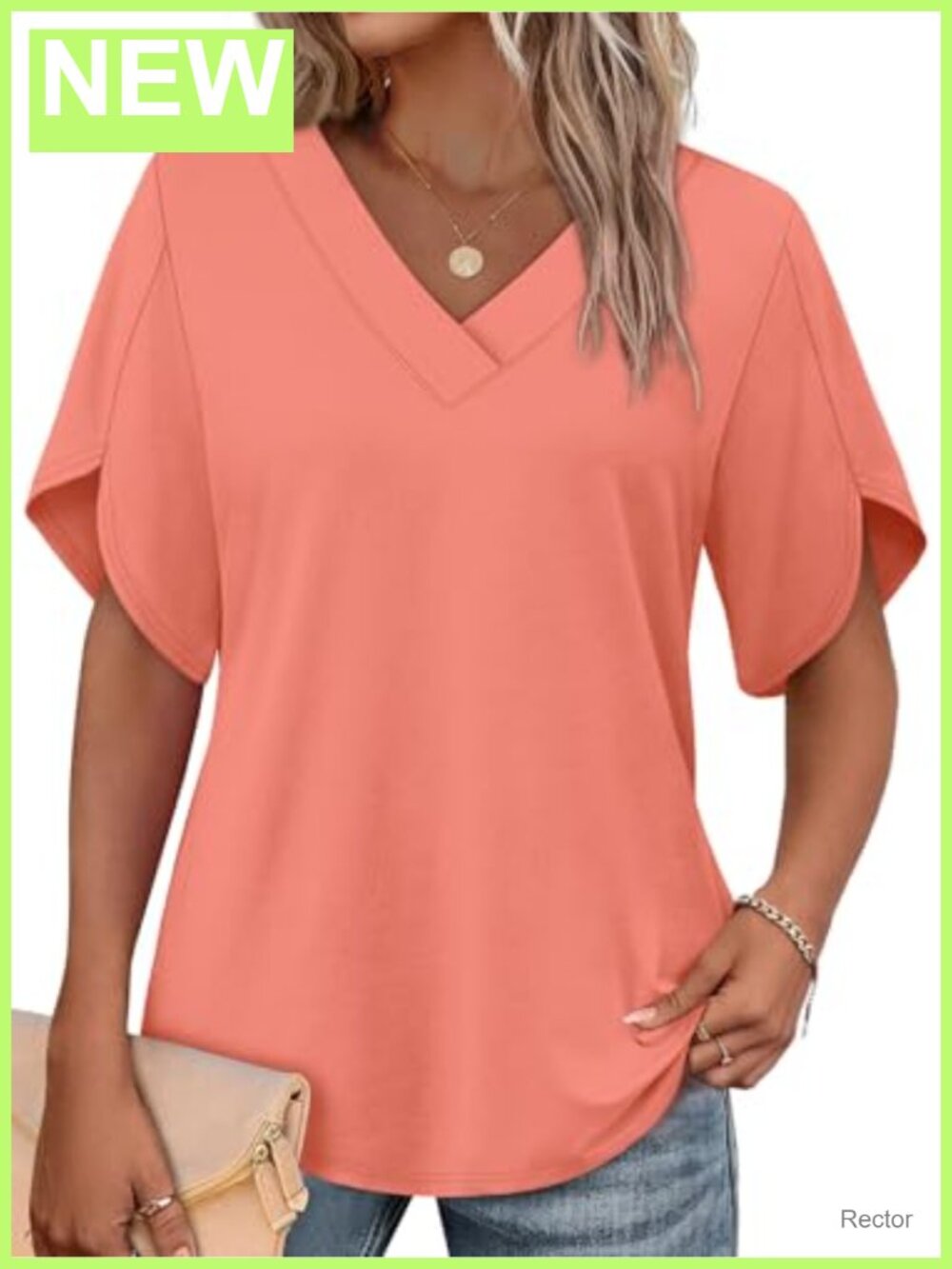 Womens Summer Top Split Petal Sleeve V Neck Short Sleeve Casual Blouse